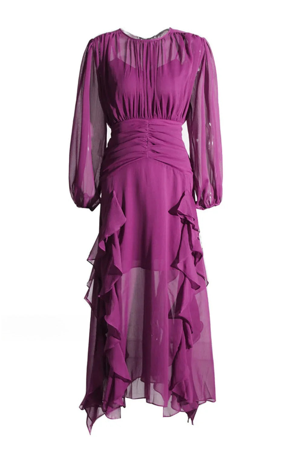 Chiffon Bishop Sleeve High Neck Ruched Waist Cascading Ruffle Tier Maxi Dress