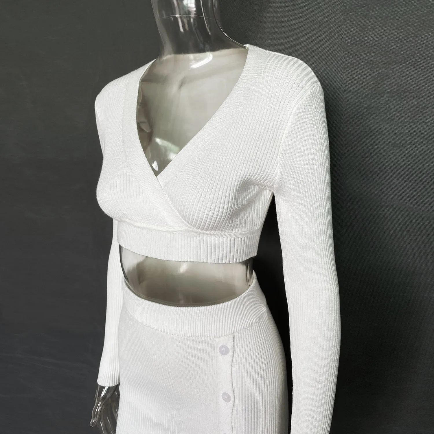 Ootddress V-Neck Crop Top ANd Midi Skirt Sets Autumn Wrap Slim Bodycon Casual 2 Piece Sets Dress Outfits Women's Knitted Suit 2025