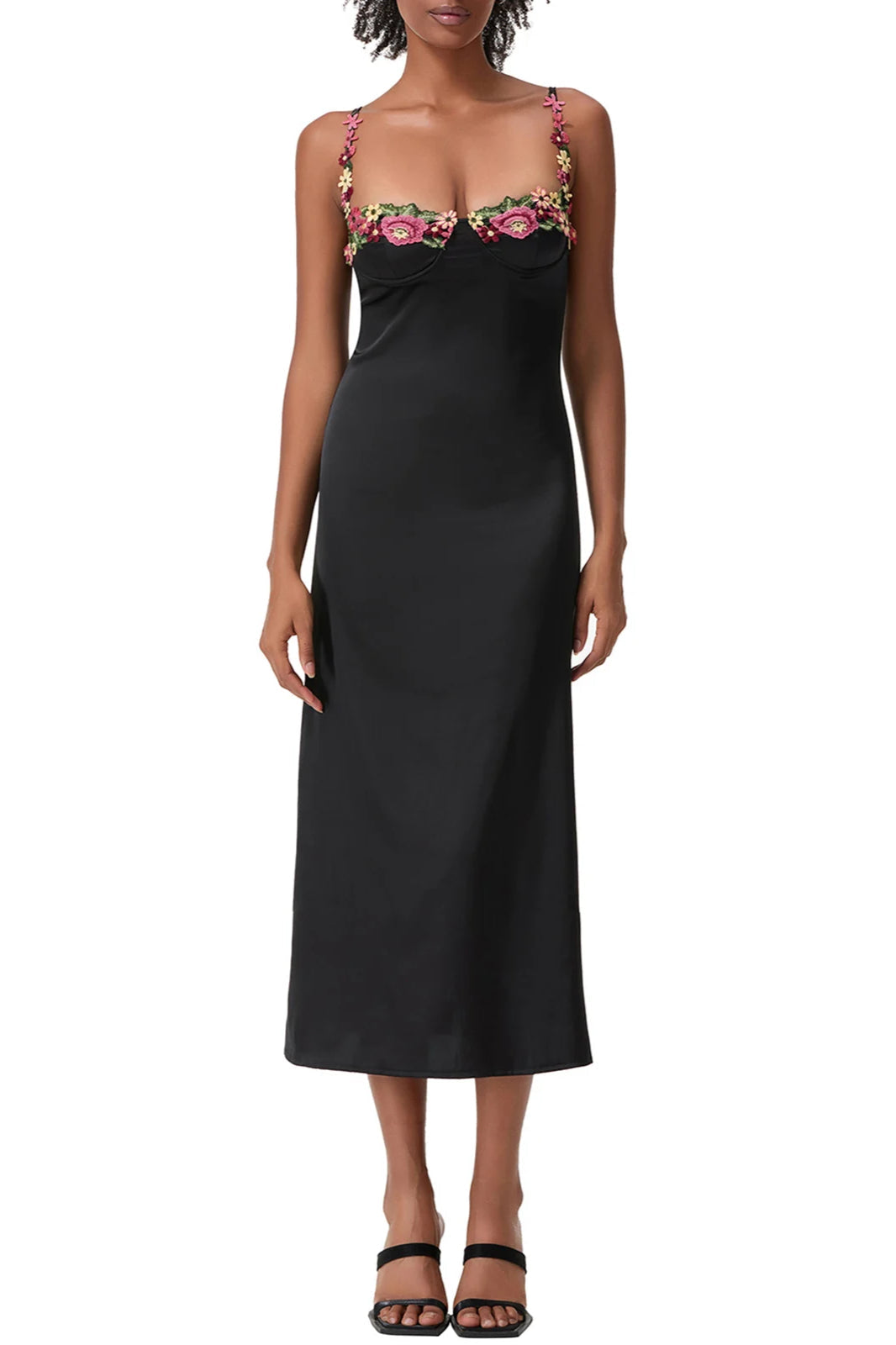 Floral Appliqué Sweetheart Spaghetti Strap Satin Slip Midi Dress