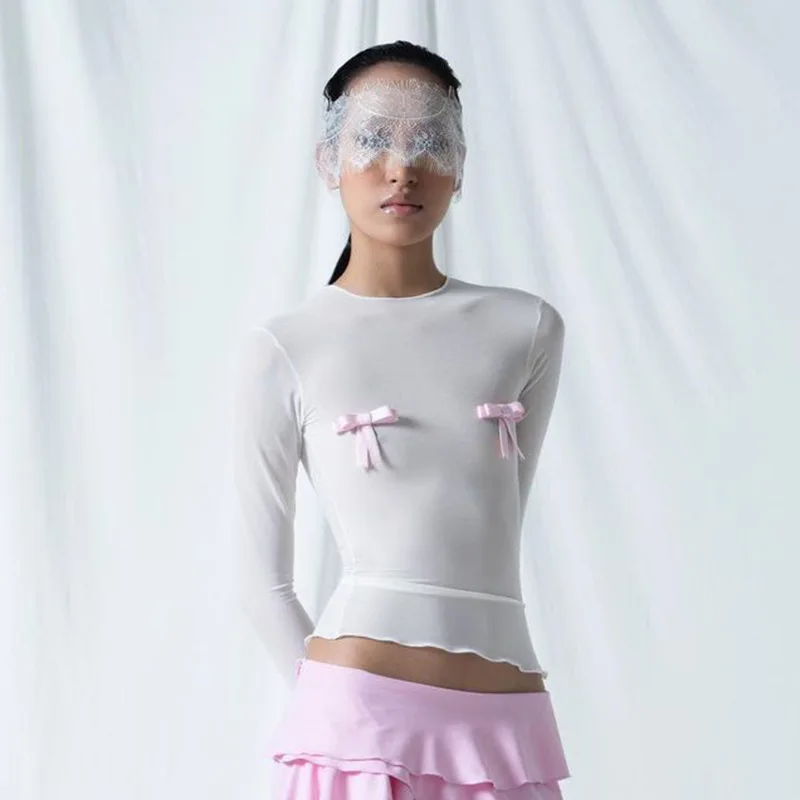 Ootddress Splice Bow Shirts For Women Slim O Neck Long Sleeve Crop Tops Female 2025 Autumn Fashion Bodycon White Tshirts Ladies New