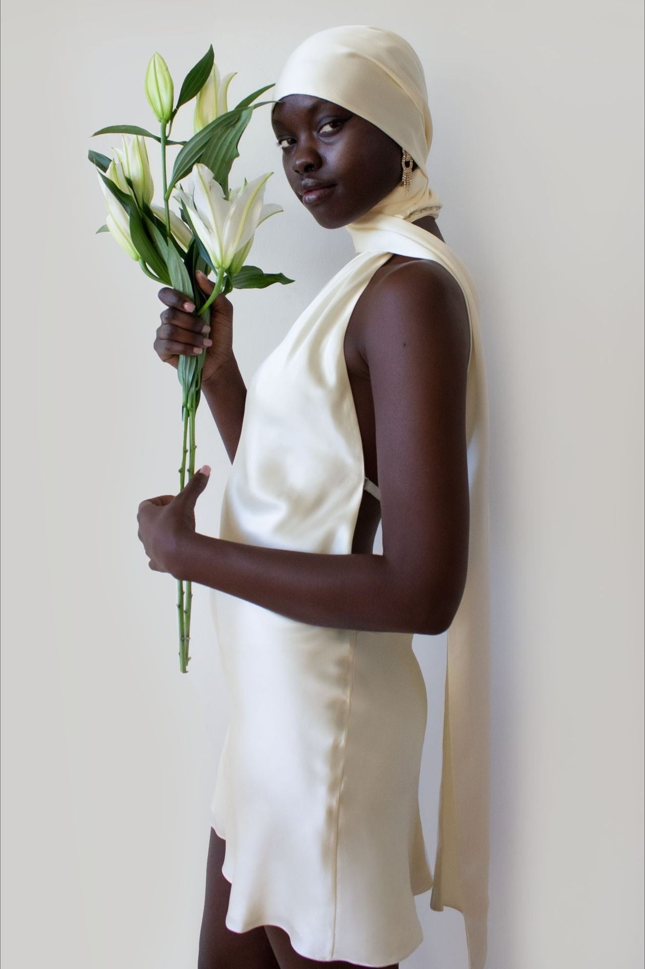 Halter Neck Sash Scarf Draped Satin Backless Mini Dress
