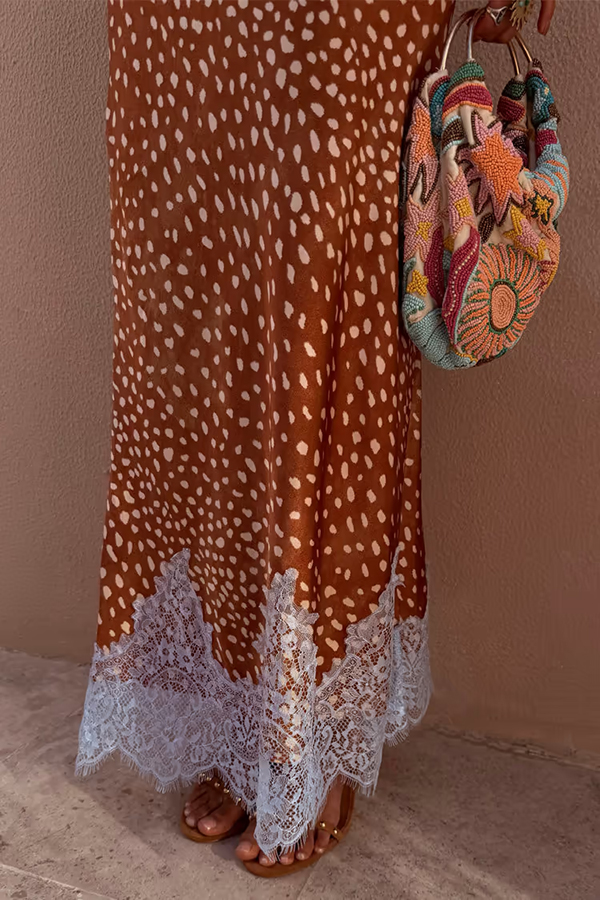 Stunning Fawn Print Contrast Color Satin Lace Trim Mid Rise Maxi Skirt
