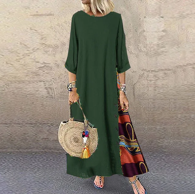 Cotton Linen Vintage Long Dresses Women Three Quarter Sleeves Splicing Print Loose A-line Dress Fashion Casual Lady Maxi Vestido 9 111