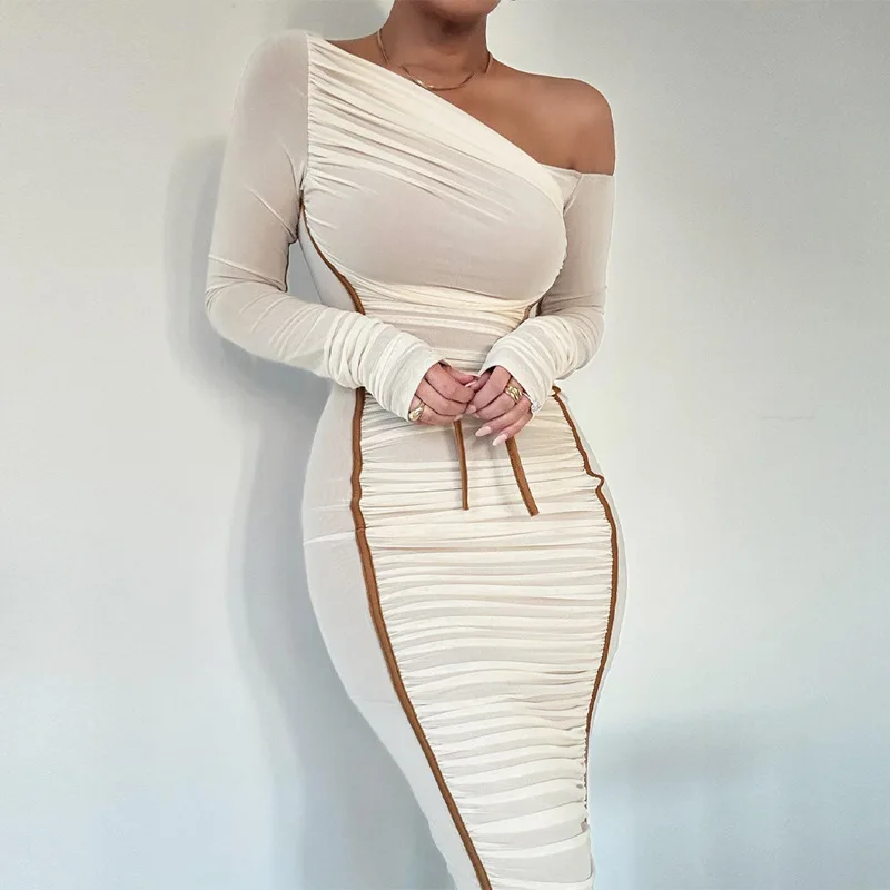 Ootddress White Mesh Off-Shoulder Maxi Dress Female Long Sleeve Patchwork Fashion Contrast Summer Backless Ladies Party Long Dress