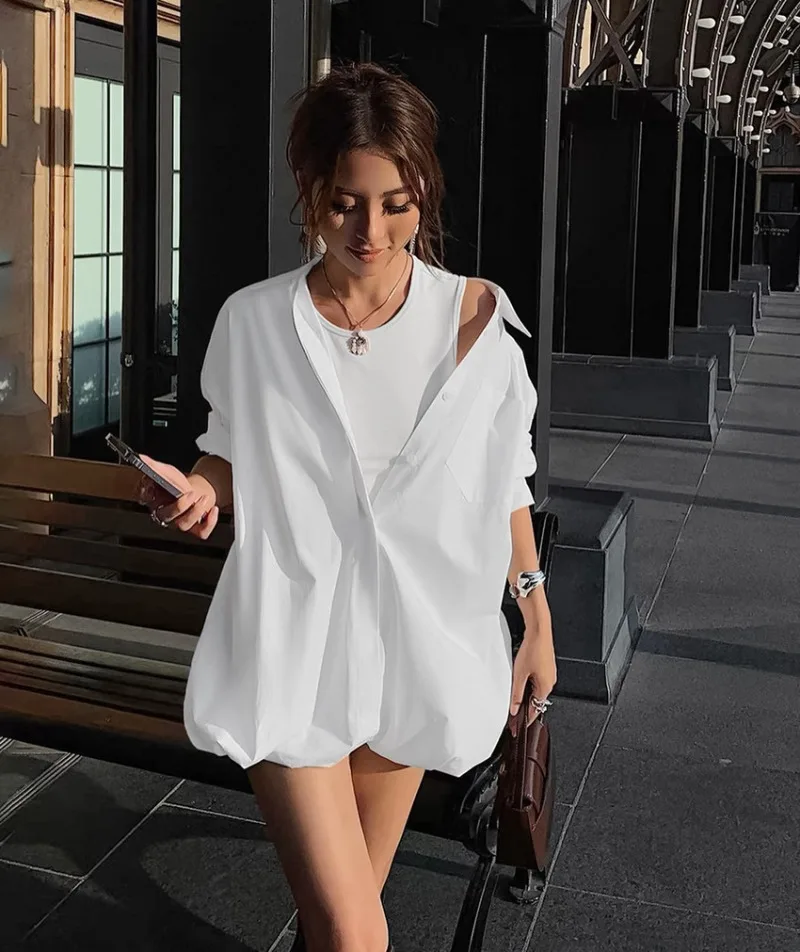 Ootddress Oversized Shirts Dress Women 2025 New Fashion Baggy Turn Collar Cover-up Femme Casual Loose Holiday Beach Dresses Womens