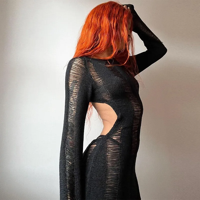 Ootddress Sexy Sheer Knitted Dress Women Bodycon Long Sleeve Hollow Out Mini Dresses Femme Club Sexy Backless Knitwear Dress Womens