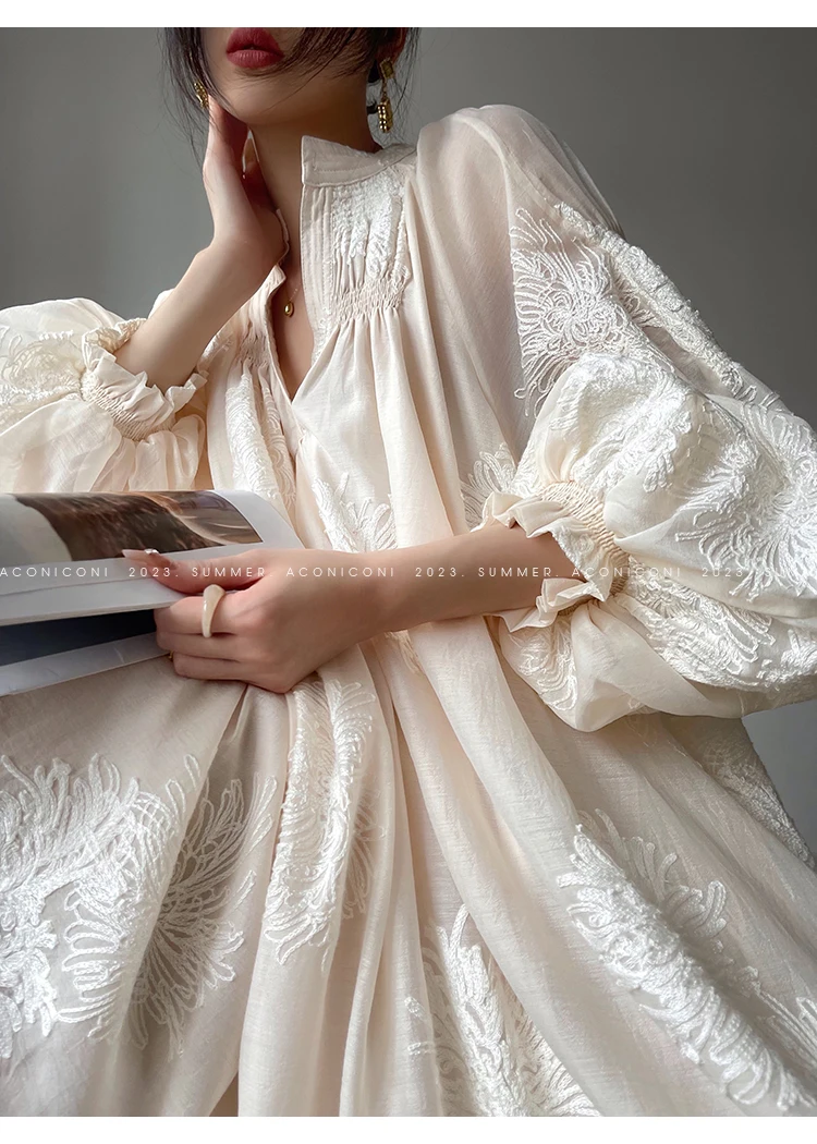 Spring Women Embroidery Evening Party Dresses Elegant Lantern Sleeve Vintage Casual A-Line Dress Female Fashion Vestidos Robe