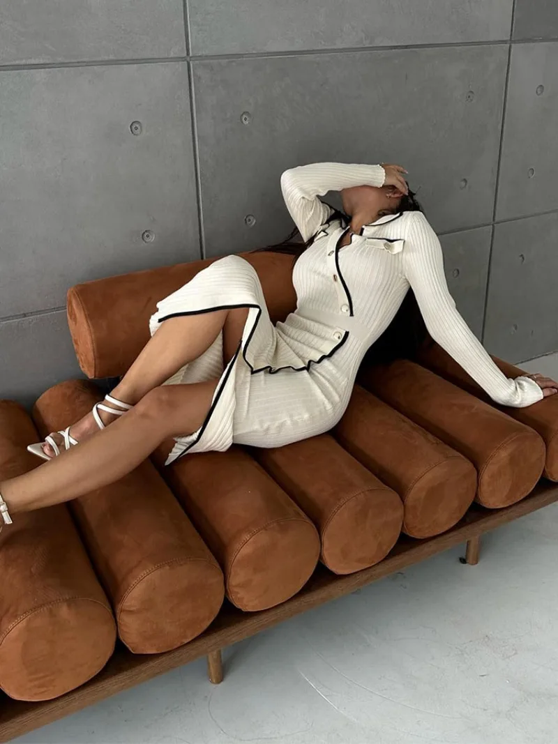 Ootddress Side Slit Maxi Dresses For Women Knitted Slim Bodycon Dress Women's Holiday Casual Party Temperament Evening Dress Woman