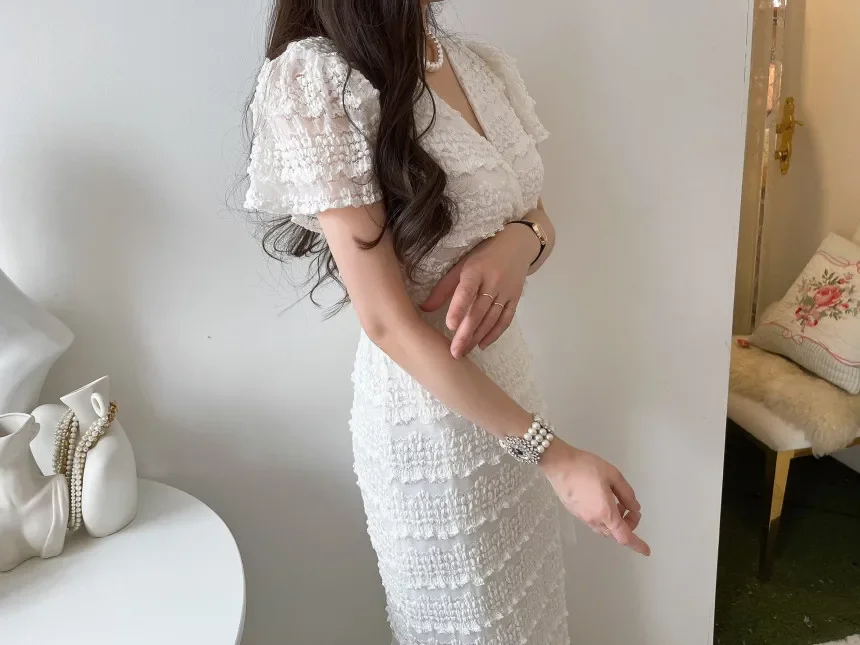 Women Elegant Bodycon Dress Summer Sexy V-neck Short Sleeve Korean Long Dresses Ladies Vintage Solid White Black Long Robe