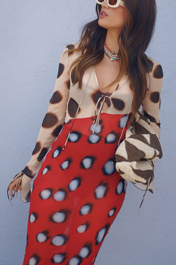 Sabine Animal and Butterfly Print Colorblock Long Sleeve Bias Cut Maxi Dress
