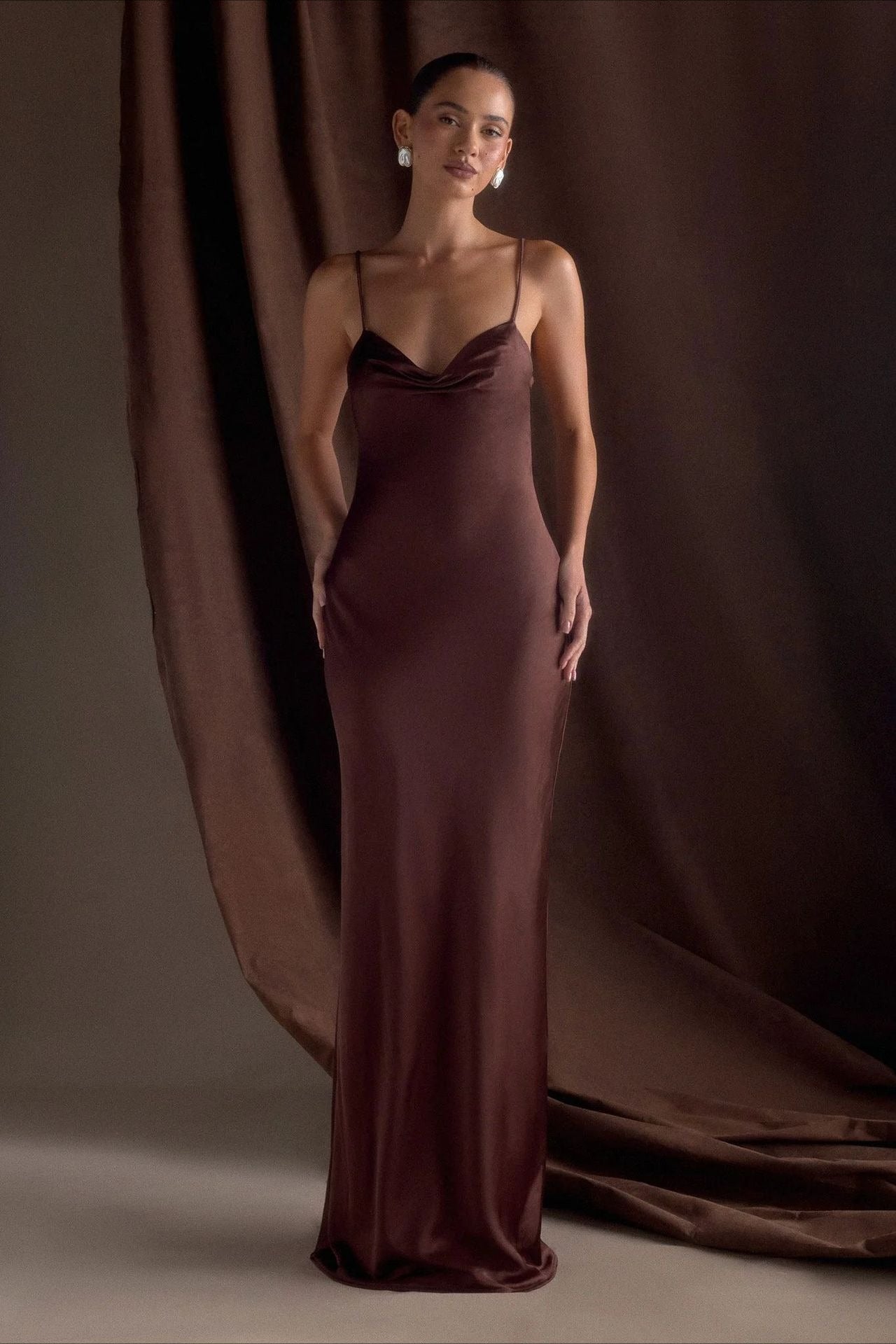 Satin Ruched Bust Spaghetti Strap Maxi Slip Dress