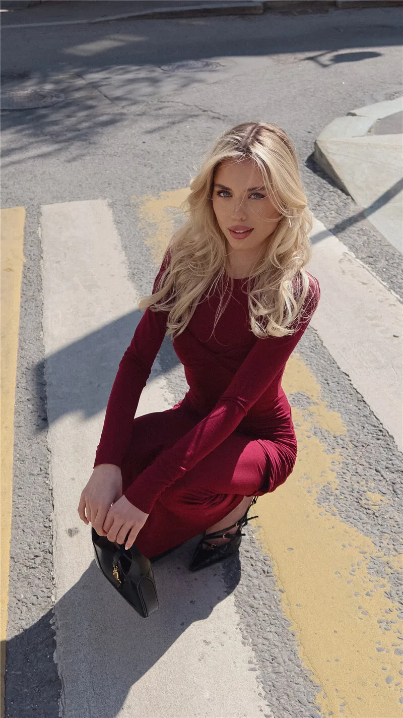 Ootddress Long Sleeve Knit Dress For Women Fashion O Neck Strapless Bodycon Maxi Dress Ladies Knitted Pullover Sweater Dress