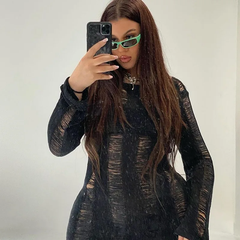 Ootddress Sexy Sheer Knitted Dress Women Bodycon Long Sleeve Hollow Out Mini Dresses Femme Club Sexy Backless Knitwear Dress Womens