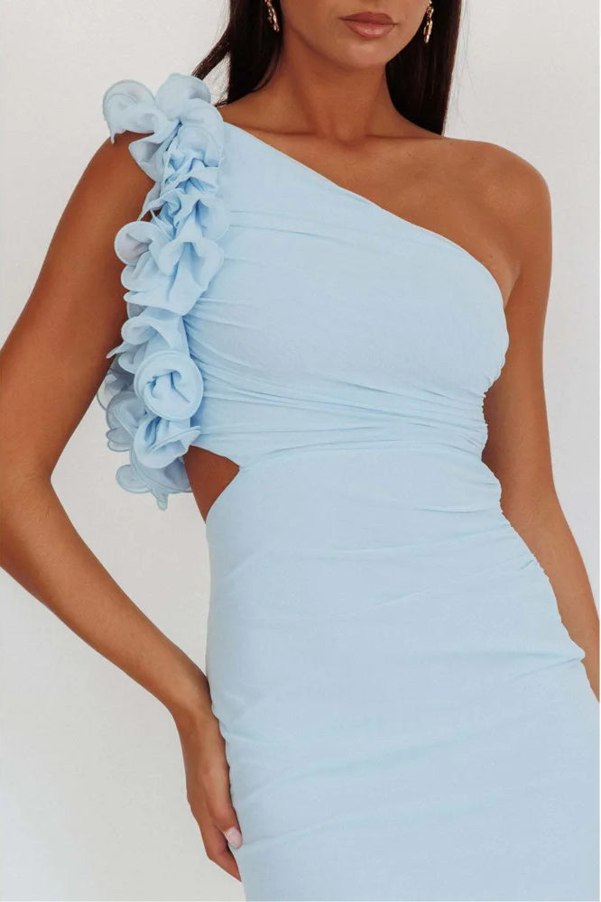 One Shoulder 3D Rosette Ruffle Side Cut Out Ruched Bodycon Midi Dress