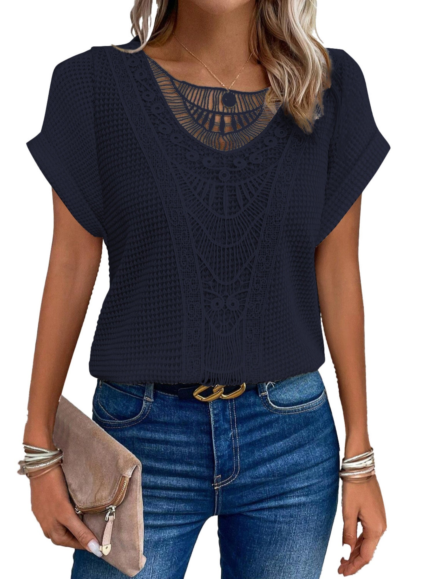 Openwork Lace Crew Neck Patchwork Cropped T-shirt
