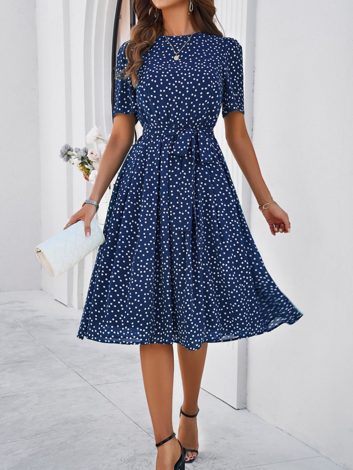 Polka Dots Crew Neck Waist Tie Short Sleeves Maxi Dresses