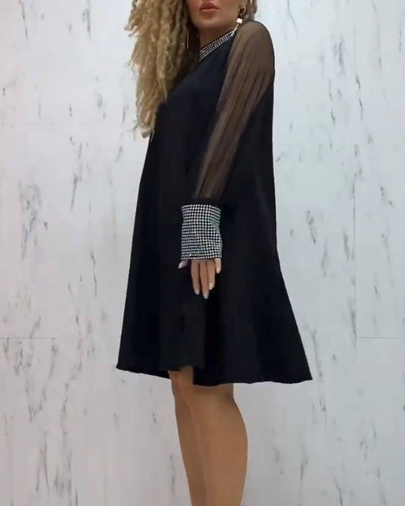 Sheer Puff Sleeve Rhinestone Grid Cuff A-Line Knee Length Dress