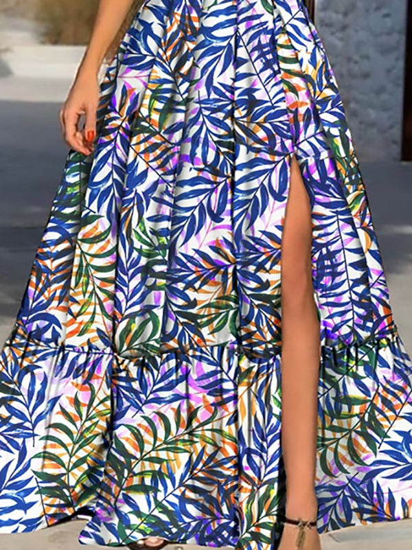Tropical Leaf Print Deep V-Neck Spaghetti Strap High Slit Tiered Ruffle Maxi Dress