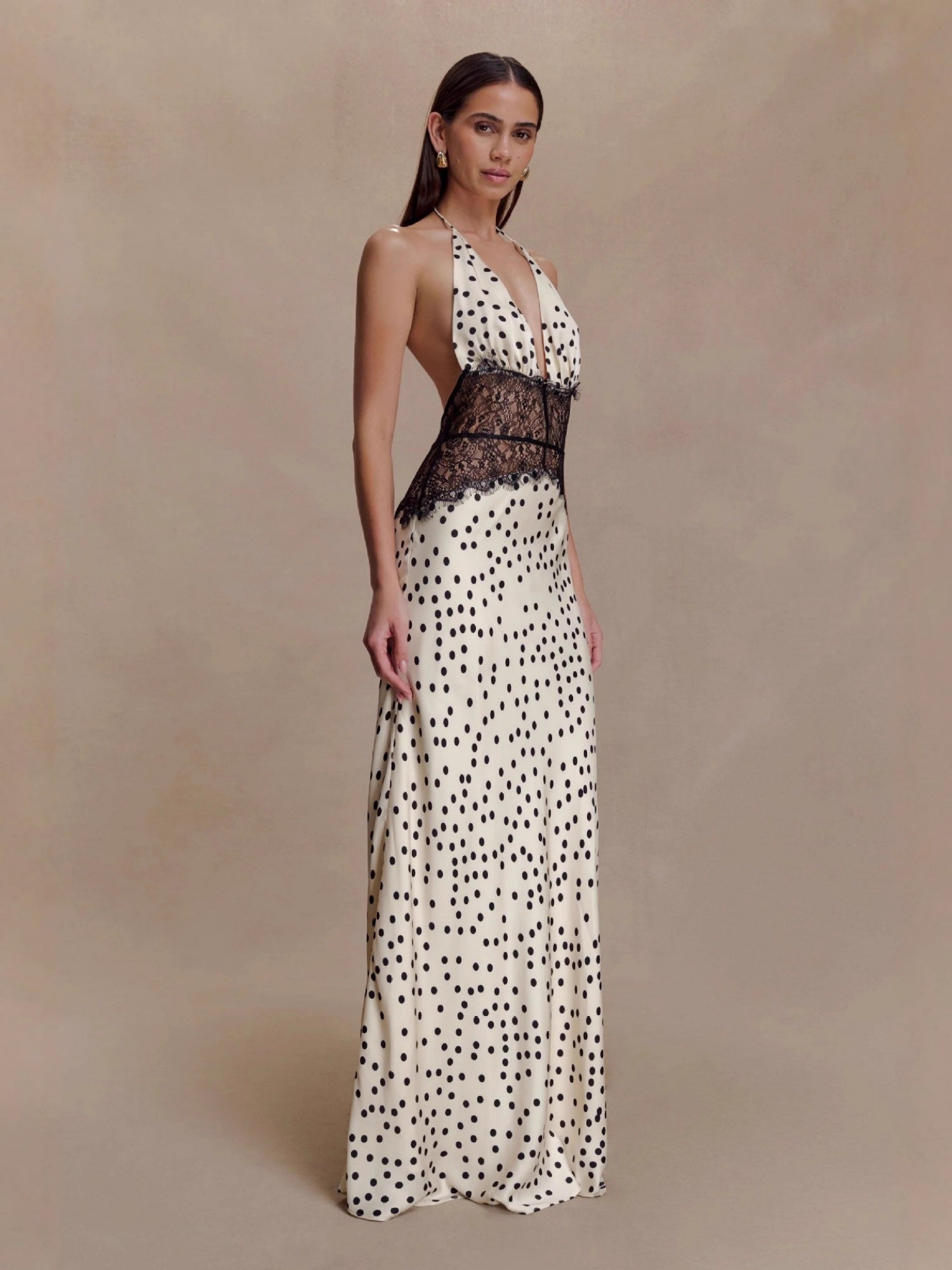 Polka Dots Lace Patchwork Halter Neck Deep V-neck Backless Maxi Dresses