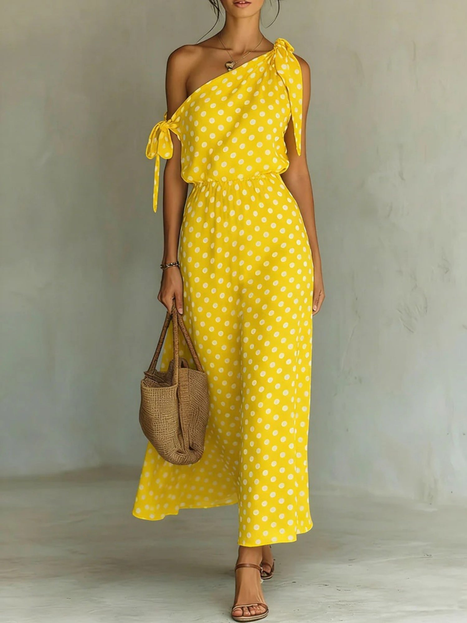 Polka Dots Sloping Shoulders Straps Maxi Dresses