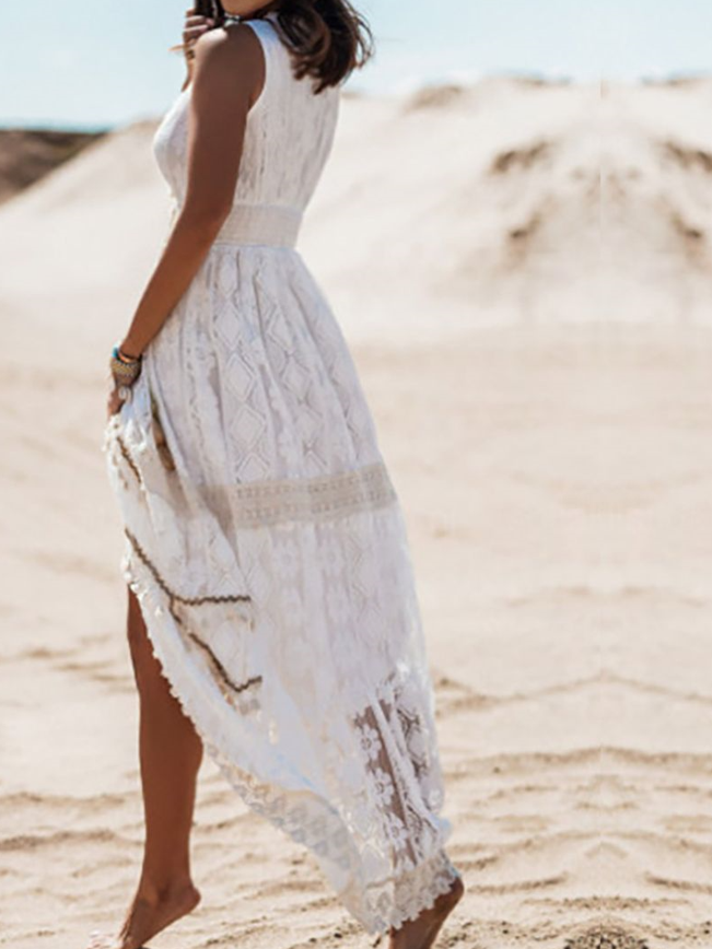 Crochet Lace Deep V-Neck Tassel Tie Tiered Maxi Dress