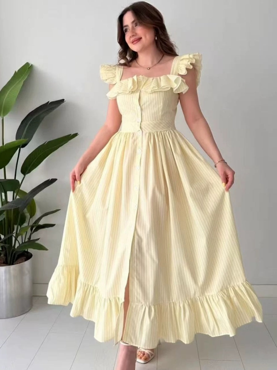 Square Collar Ruffle Button Slit Big Swing Sweet Maxi Dresses