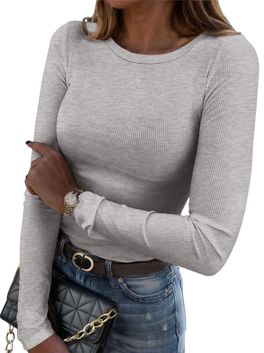 Pit Strip Long Sleeve Elastic Crew Neck Ribbed Slim Fit Basic T-shirts
