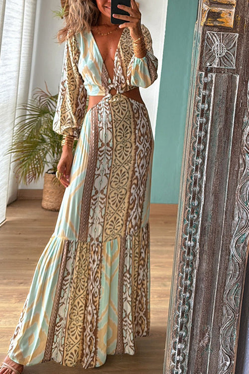 Mixed Print Deep V-Neck Ring Waist Cut Out Bishop Sleeve Tiered Maxi Dress