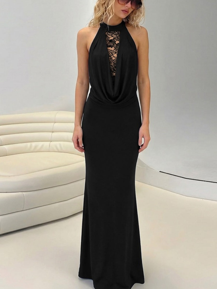 Halter Hollow Splicing Lace Sexy Slit Maxi Dresses