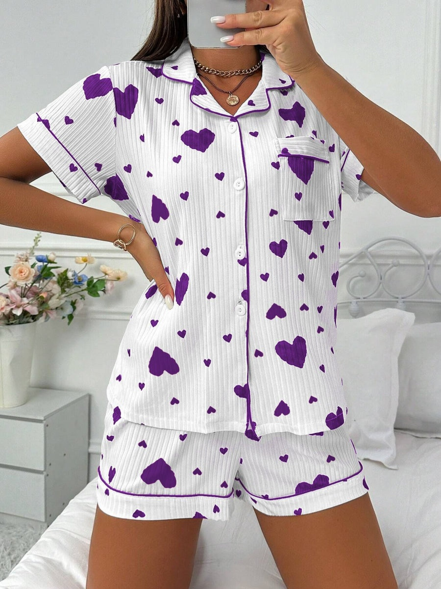Heart-print Cardigan With Collar And Button-down Short Sleeves And Shorts, Two-piece Loungewear Set