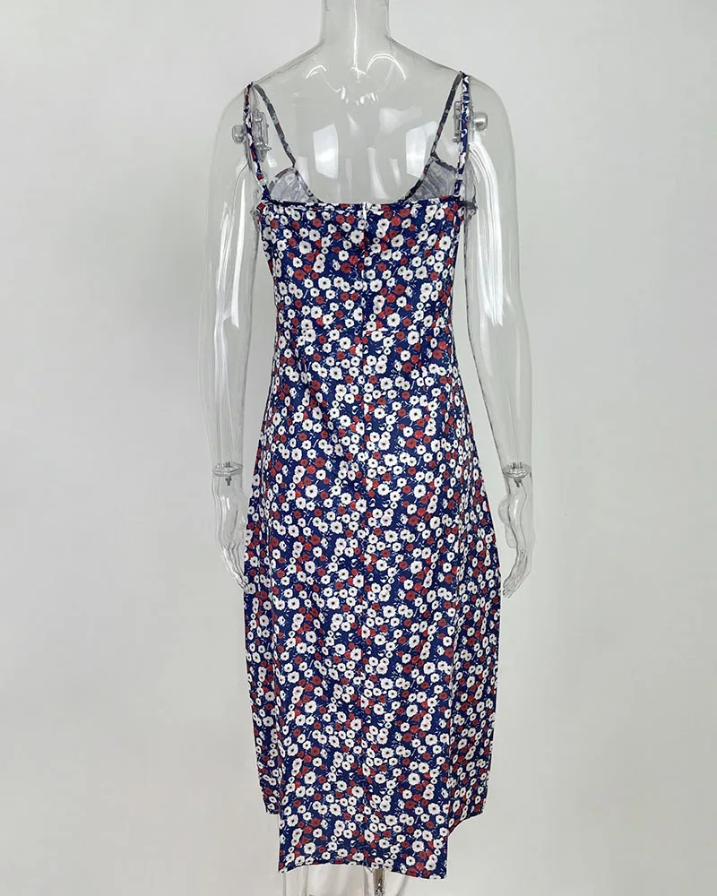 Flower Printed Spaghetti Strap Dresses For Women Sexy Low Cut Beach Party Slim Slit Dress Chic Bodycon Lady Sleeveless Vestidos 26 undefined