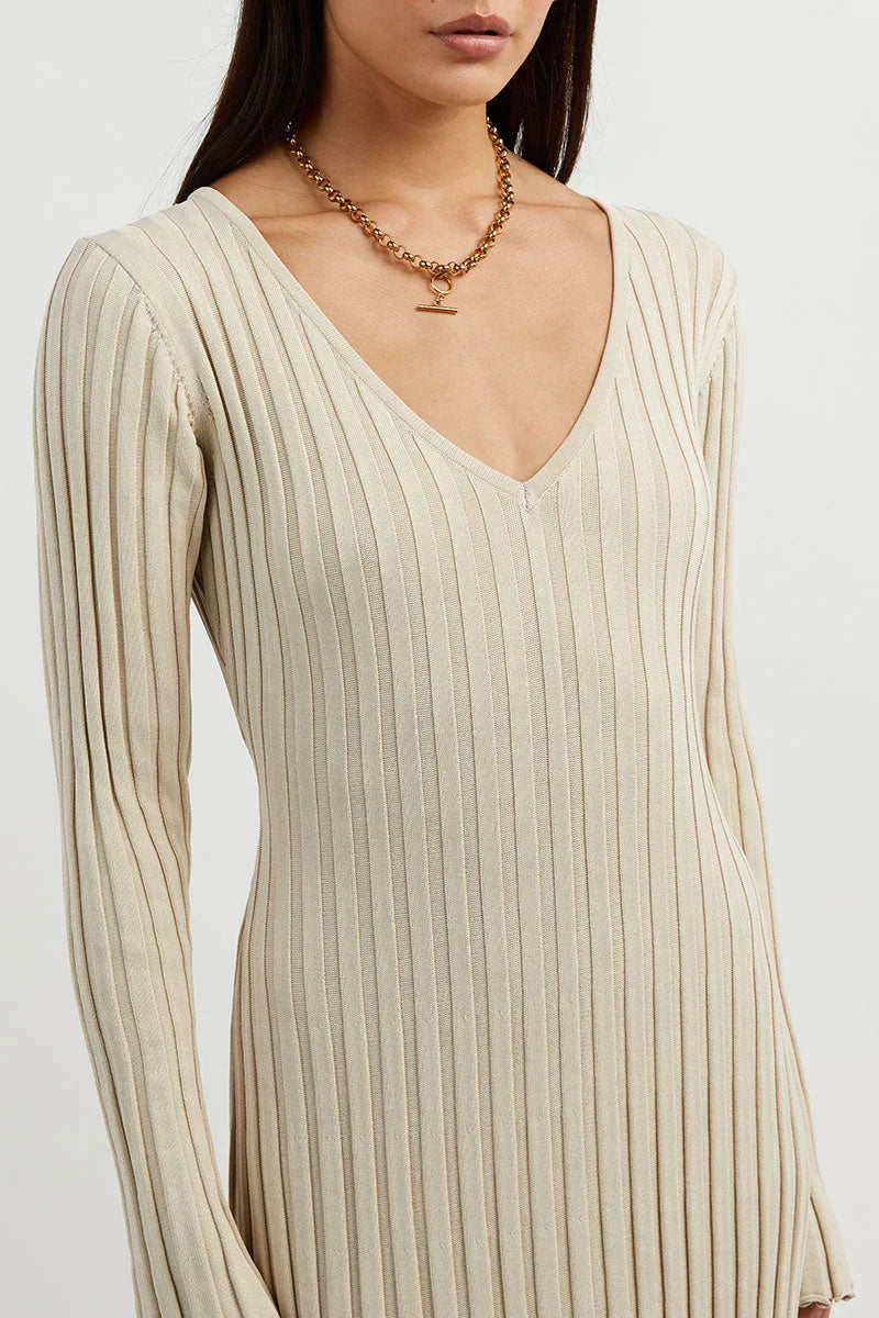 Rib Knit V-Neck Lettuce Edge Cuff Bodycon Maxi Dress