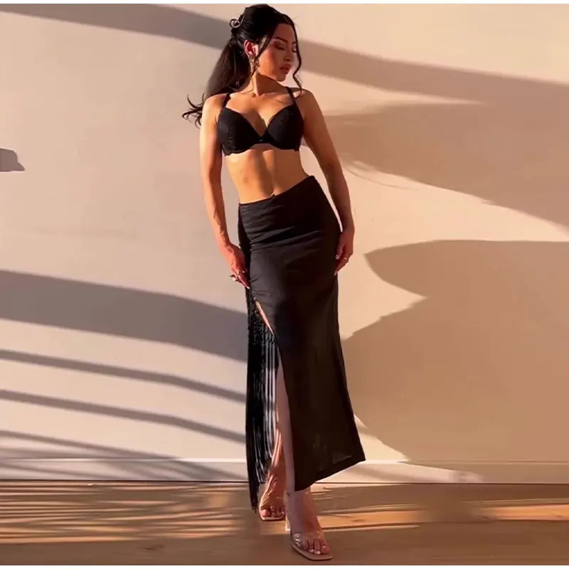 Ootddress Tassel Hollow Out Maxi Skirt Sets Female Black Summer Sexy 2 Piece-Set Backless Lace-Up Crop top And Long Skirt Outfits