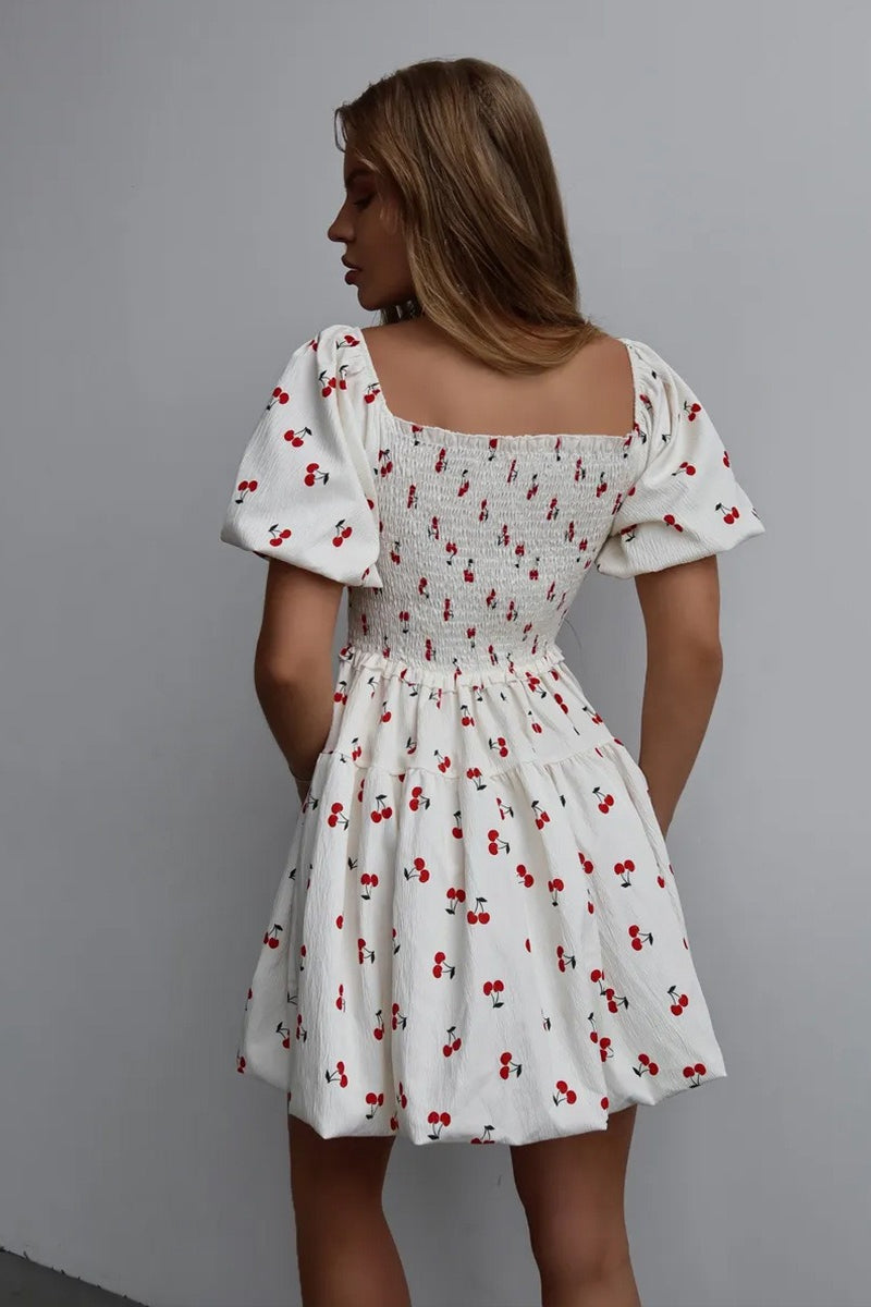 Fruit Print Smocked Off Shoulder Puff Sleeve Tiered Mini Dress