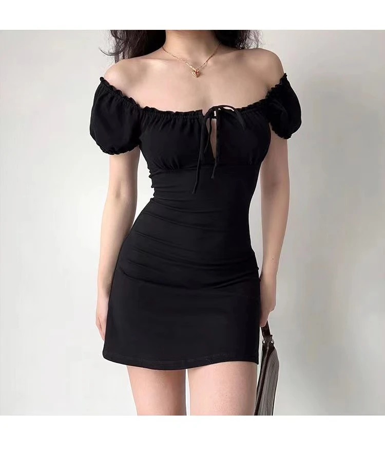 Summer Sexy Mini Dress Women Short Sleeved Lace up Hollow Casual Backless Folds Bodycon Black Dress Party Elegant A-LINE Dresses