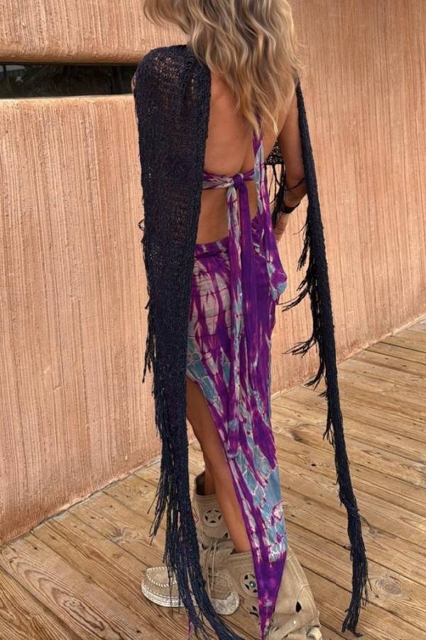 Unique Printed Halter Neck Waist-revealing Asymmetrical Maxi Dress