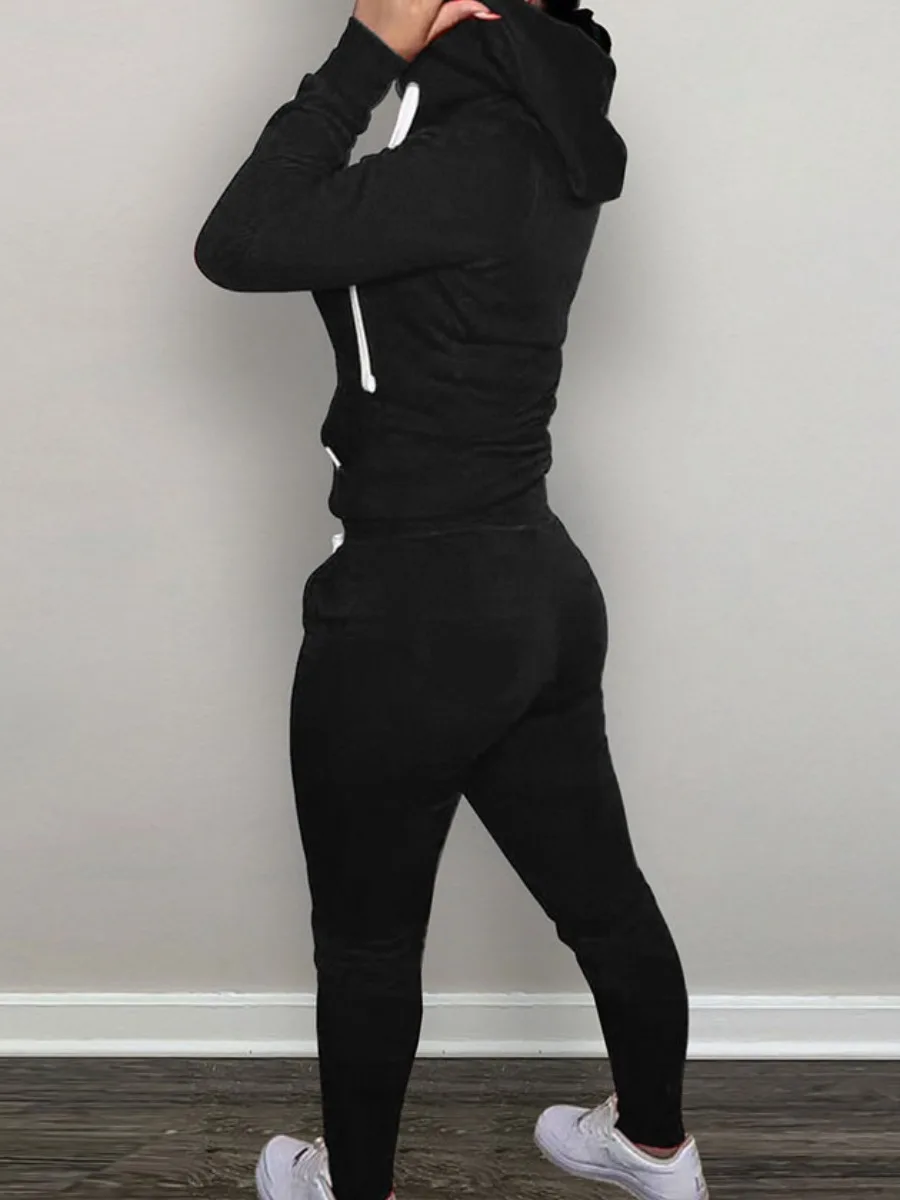 Simple Two Piece Set Women Casual Sporty Long Sleeve Zipper Design Top Hooded Collar Broken Heart Print Female Tracksuit Set