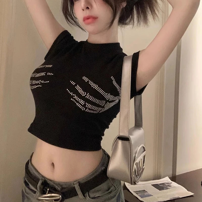 Skull Hand Rhinestones Aesthetic Women Y2k Clothes Vintage Tops Black Fairy Grunge Graphic T Shirts Slim Short Sleeve Crop Top