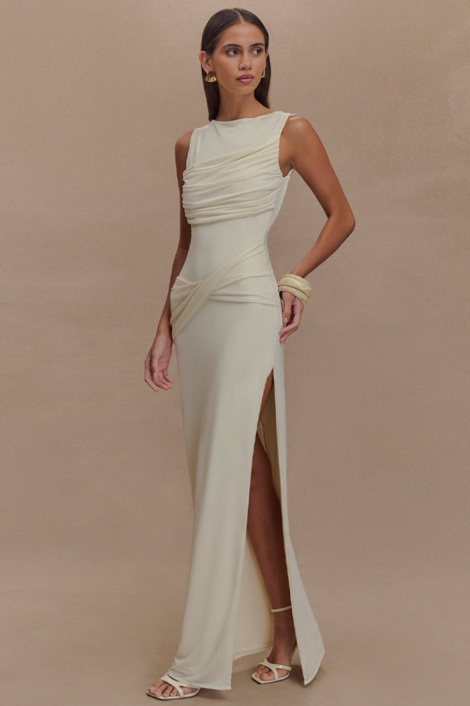 High Neck Ruched Crossover Drape Hip High Slit Jersey Maxi Dress