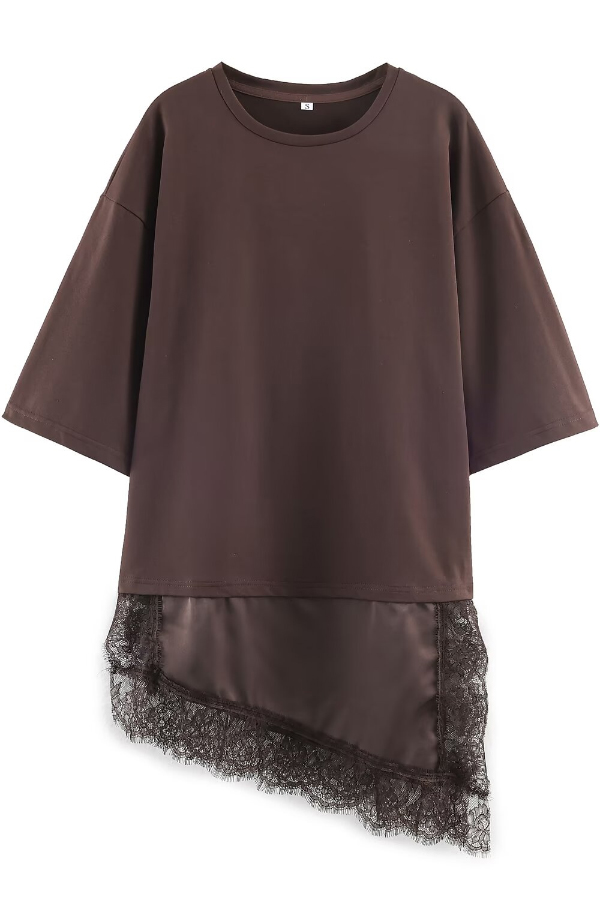 Stylish Round Neck Short-sleeved Patchwork Lace Hem Loose T-shirt