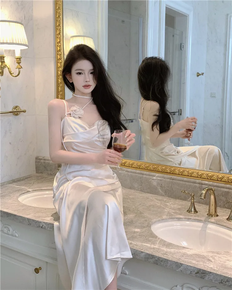 Elegant Solid Satin Midi Dress Women Spaghetti Strap Bodycon 3D Flower High Waist Slim Evening Party One Piece Lady Vestidos