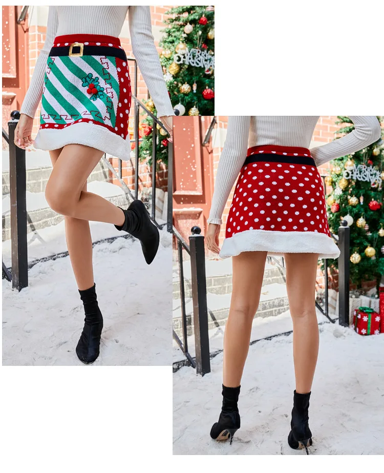 Ootddress New Winter Knitted Skirts Women 2025 Christmas Clothes High Waist Embroidered Mini Skirt Boho Floral Pencil Skirt
