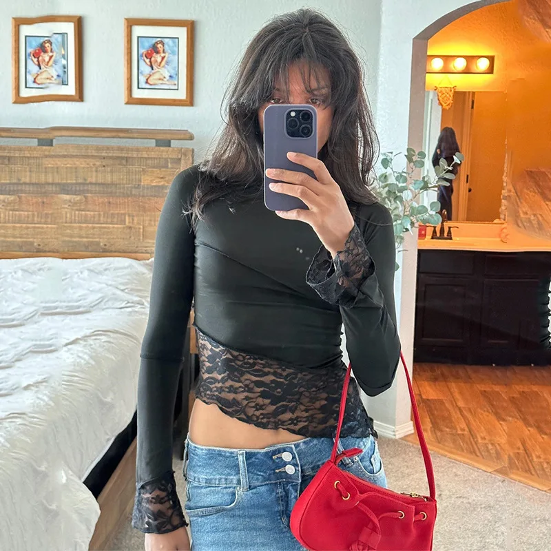 Ootddress Lace Patchwork See-Through Crop top For Women Fashion Sexy Long Sleeve Slim Patchwork Cropped Y2k Top Female Clothes Tee