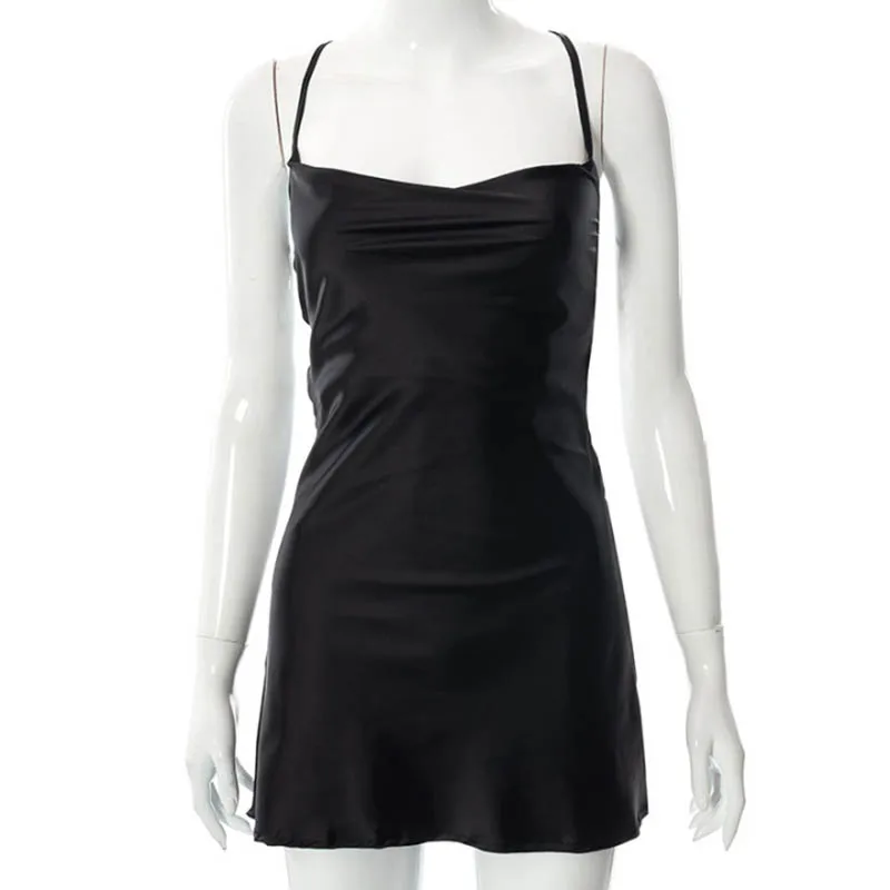 Ootddress New Spaghetti Straps Mini Satin Dress Women 2025 Summer Backless Low Cut Sexy Dresses Ladies Club Wear Party Sundresses