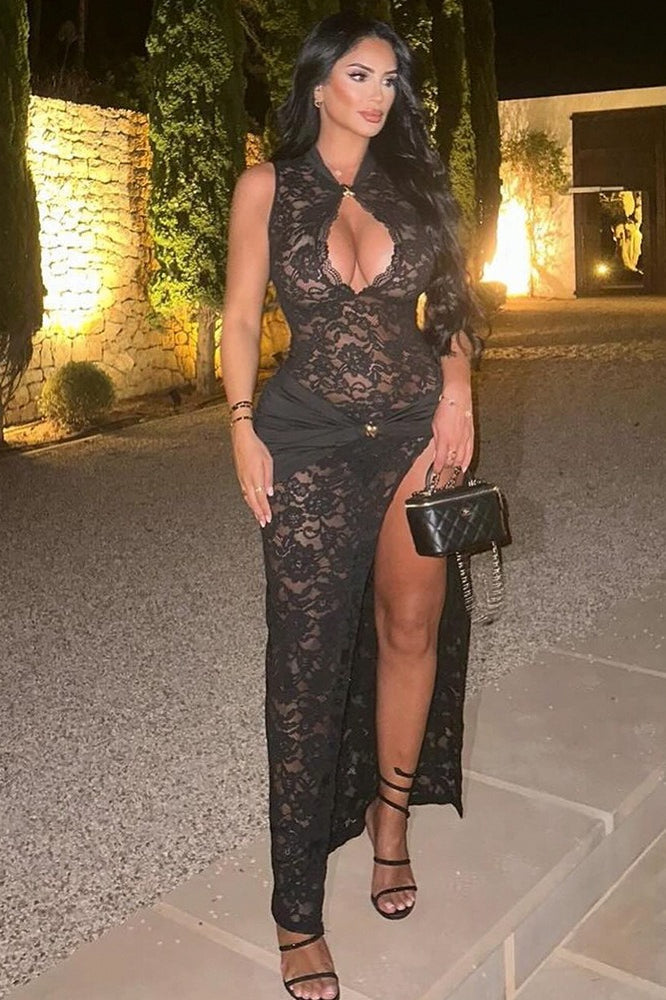Lace High Neck Keyhole Cut Out Metal Buckle Asymmetrical Drape High Split Maxi Dress