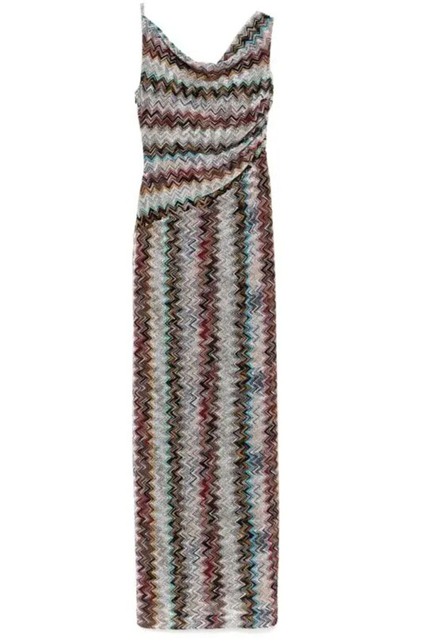 Cocktails and Vacation Knit Colorful Zigzag Pattern One Shoulder Slit Maxi Dress
