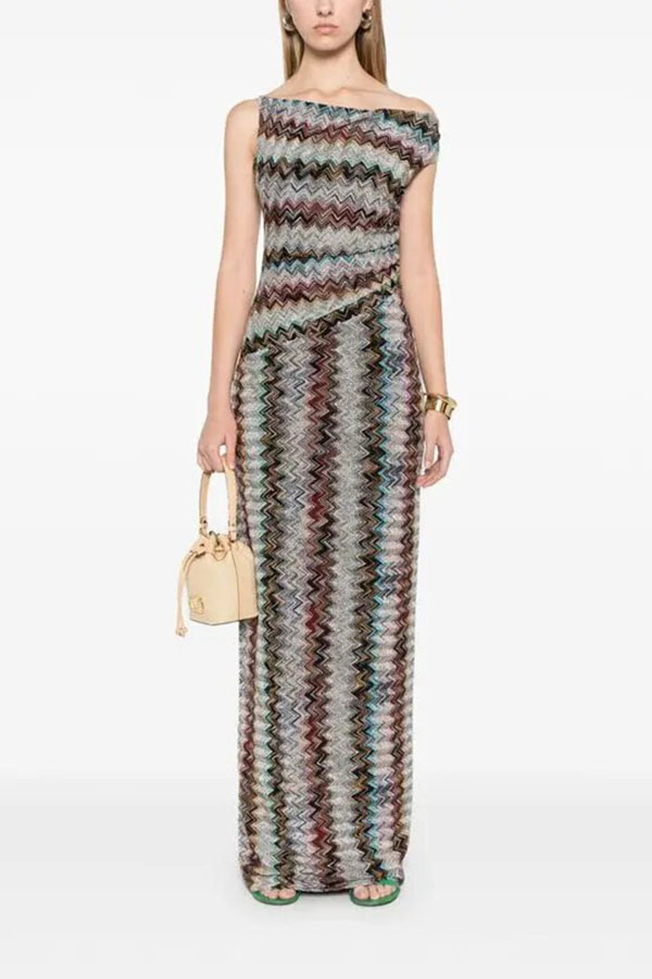 Cocktails and Vacation Knit Colorful Zigzag Pattern One Shoulder Slit Maxi Dress