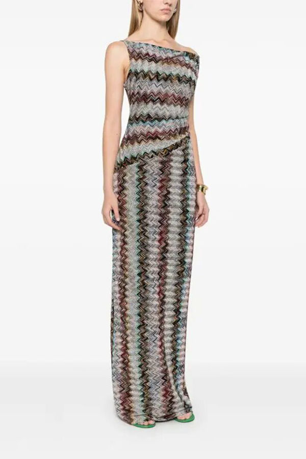 Cocktails and Vacation Knit Colorful Zigzag Pattern One Shoulder Slit Maxi Dress