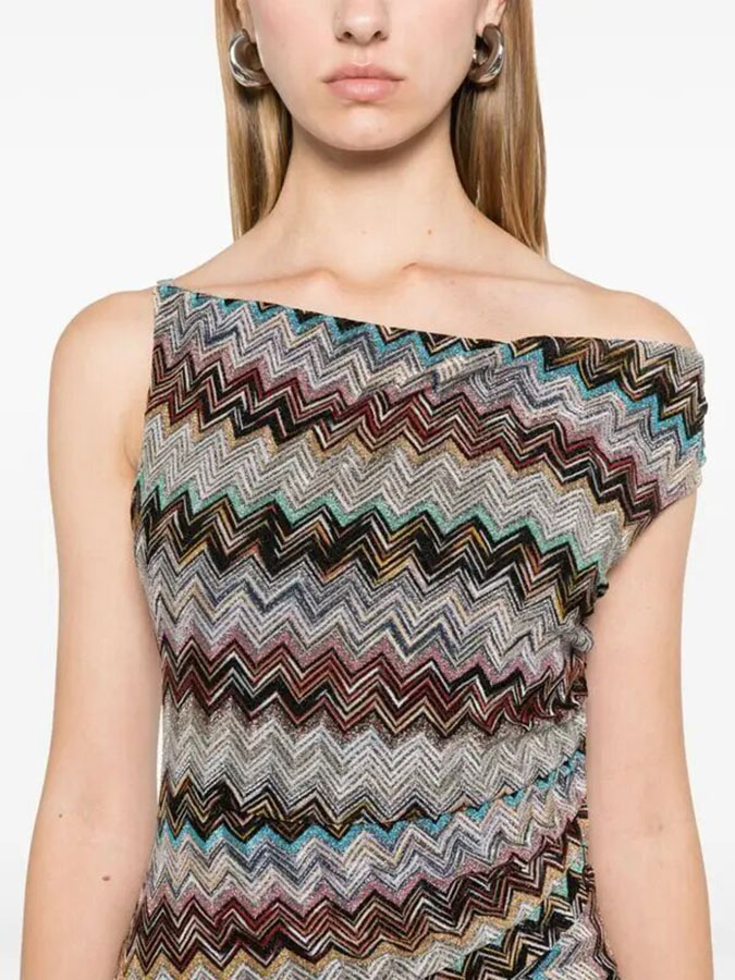 Cocktails and Vacation Knit Colorful Zigzag Pattern One Shoulder Slit Maxi Dress