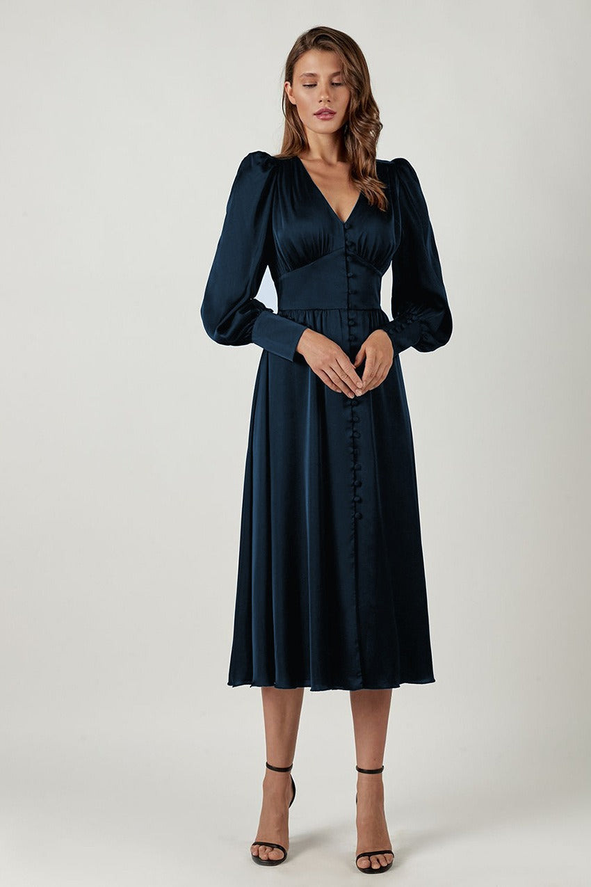 Deep V-Neck Lantern Sleeve Button Front Cinched Waist Satin Midi Dress
